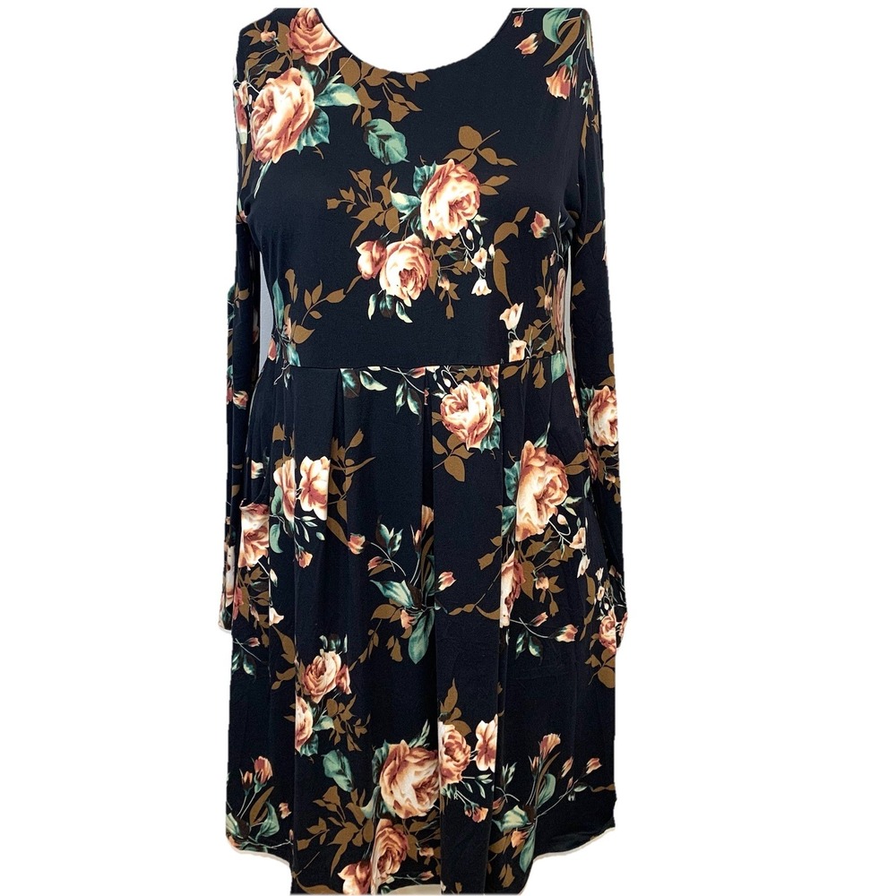 DouBao Floral Long Sleeve Pocket Dress Black Orange 3XL Womens Casual Pleated